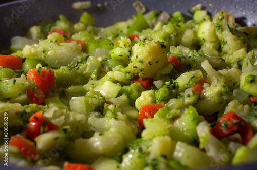 Fresh vegetables cooked on a pan. Healthy food. Vegan. Background.