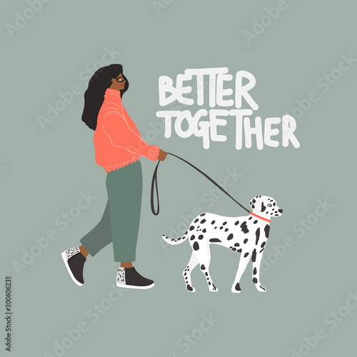 Young girl with Dalmatian dog. Autumn fashion look. Vector flat