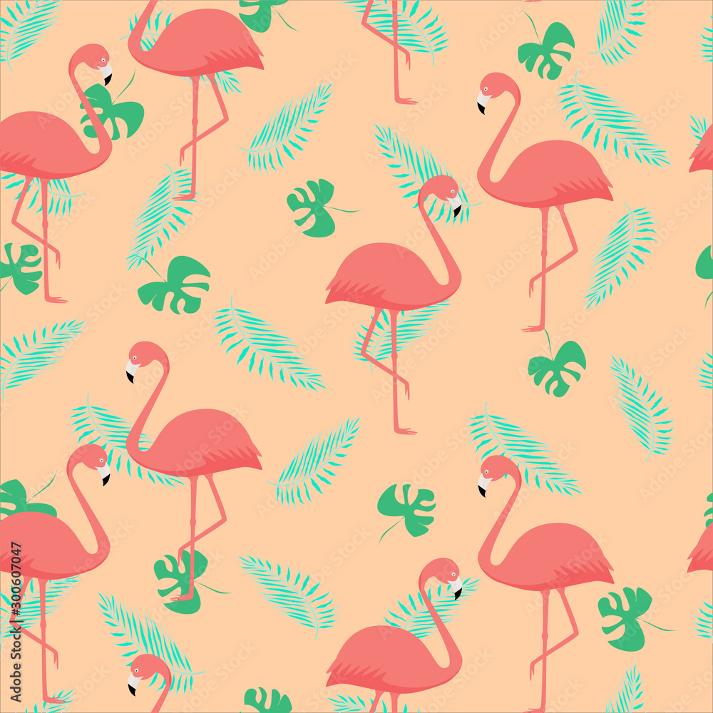 Seamless pattern of coral flamingos and palm leaves. Pastel background Wallpaper. Vector. Seamless pattern of coral flamingos and palm leaves. Pastel background Wallpaper. Vector.