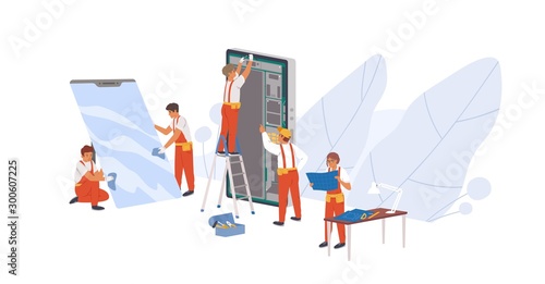 Smartphone repair flat vector illustration. Repairman service workers, appliance repairers cartoon characters. Electronic device reconditioning. Mobile phone parts replacement concept.
