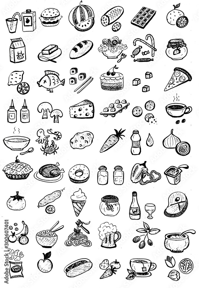 Black and white set with 54 isolated food products, sketch