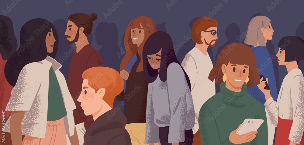 Sad girl in crowd flat vector illustration. Emotional burnout, depression and fatigue concept. Young overworked woman feeling exhausted cartoon character. Psychological disorder, apathy idea. - obrazy, fototapety, plakaty 