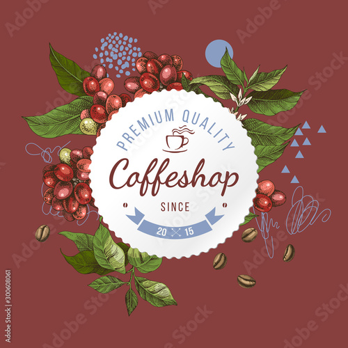 Coffeshop round paper emblem over hand sketched background with coffee plant and beans
