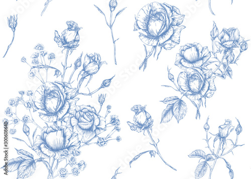 Roses and spring flowers seamless pattern. Graphic drawing, engraving style. Vector illustration.