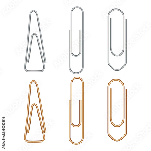 Paper clip. Metal paperclip office attach isolated on white background. Realistic silver and golden binder. Stationery fix tool for page, card. Yellow and chrome staple. Document equipment