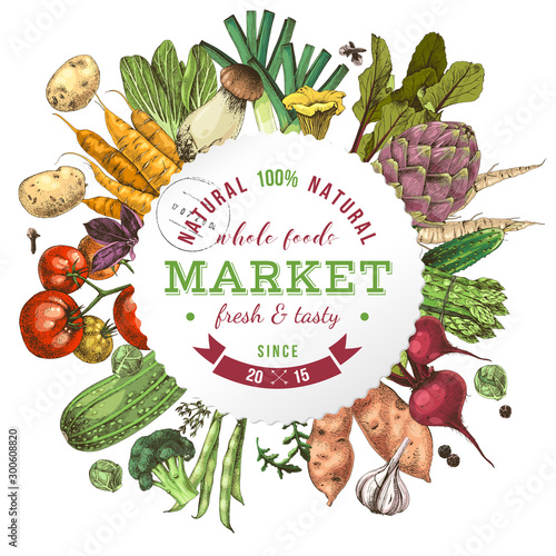 Background with paper emblem and hand drawn vegetables