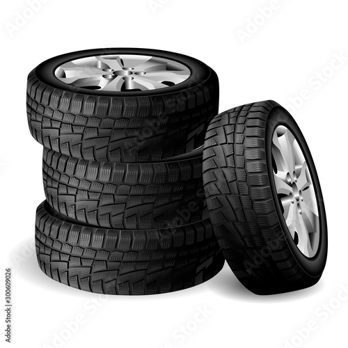 Winter rubber stack. Tyre repair shop. Auto wheel vector illustration. Realistic Automobile tire 3d render with rim. Cold snow worn and protect. New quality tyres side view for truck or suv