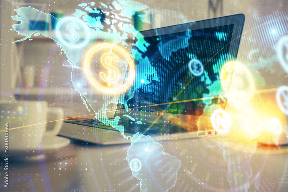 Forex market chart hologram and personal computer background. Double exposure. Concept of investment. Forex market chart hologram and personal computer background. Double exposure. Concept of investment.