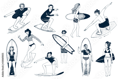 Hand drawn surfers set. Men and women surfing