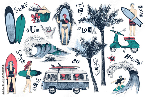 Set of hand drawn surfing icons