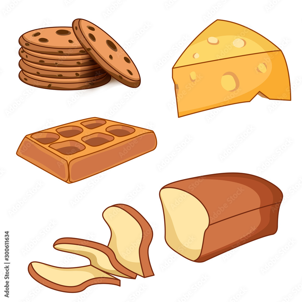 Bread set with cookies and cheese isolated on white background. Bread set with cookies and cheese isolated on white background.