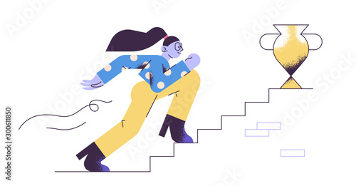 Young adult woman walking up the stairs with golden cup on the top to her goal. Career progression, reaching aim, motivation, aspiration, growth, leadership. Modern vector illustration.