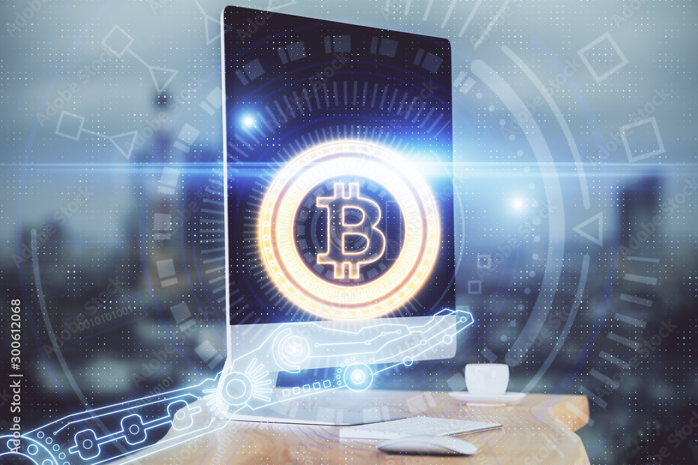 Multi exposure of blockchain theme hologram and table with computer background. Concept of bitcoin crypto currency. Multi exposure of blockchain theme hologram and table with computer background. Concept of bitcoin crypto currency.