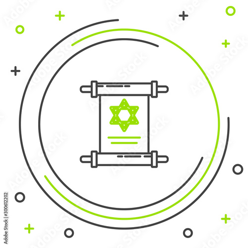 Black and green line Torah scroll icon isolated on white background. Jewish Torah in expanded form. Star of David symbol. Old parchment scroll. Colorful outline concept. Vector Illustration