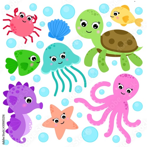 Set of marine life  contains a turtle  seahorse  octopus  fish  crab  starfish and shells. Cartoon style. Isolated on white background.