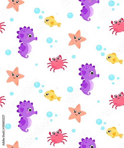 Seamless pattern with marine life, contains seahorse, fish, crab, starfish. Cartoon style. Isolated on white background. Printing on fabric, packaging, wrappers, gift bags.