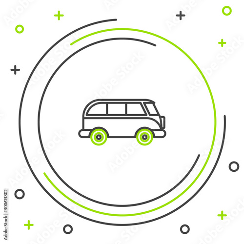 Black and green line Retro minivan icon isolated on white background. Old retro classic traveling van. Colorful outline concept. Vector Illustration