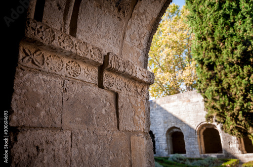 Detailed view of stone pillar inside abbey