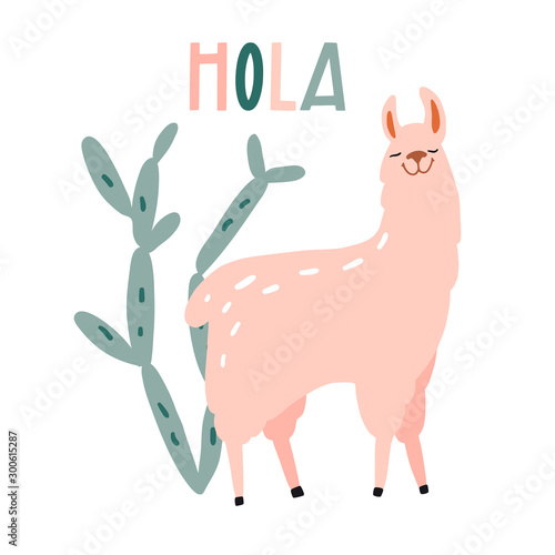 Hola. Cute hand drawn smiling lama and cactus