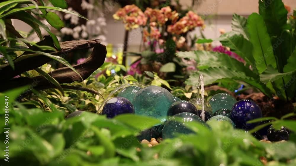 A small fountain among stones in a flowered indoor garden. Close-up. A small fountain among stones in a flowered indoor garden. Close-up.