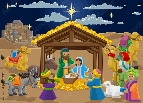 Christmas nativity scene cartoon baby Jesus, Mary Joseph in manger with three wise men, shepherd and donkey and other animals. The City of Bethlehem and star above. Christian religious illustration.