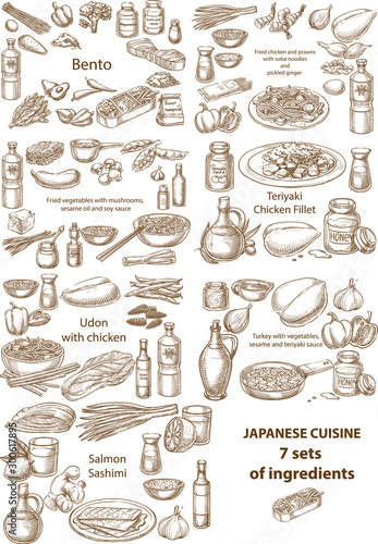 Creative conceptual vector set. Sketch hand drawn Japanese food recipe illustration  engraving  ink  line art  vector.