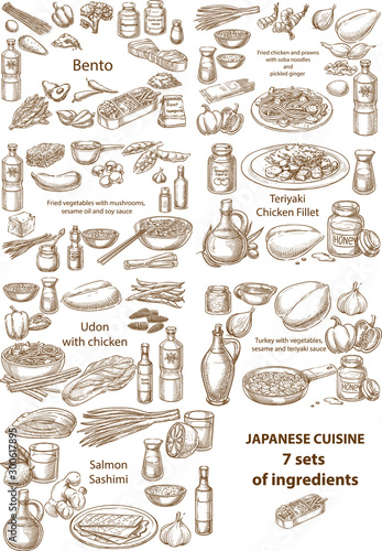 Creative conceptual vector set. Sketch hand drawn Japanese food recipe illustration, engraving, ink, line art, vector.