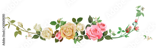 Panoramic view with white, pink roses, common snowberry (Symphoricarpos albus). Horizontal border for Christmas: flowers, buds, leaves on white background, digital draw, watercolor style, vector