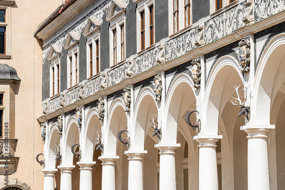 Historical center and colorful painted building (Haus der Kathedrale) with columns and ram heads in downtown of Dresden, Germany, details, closeup