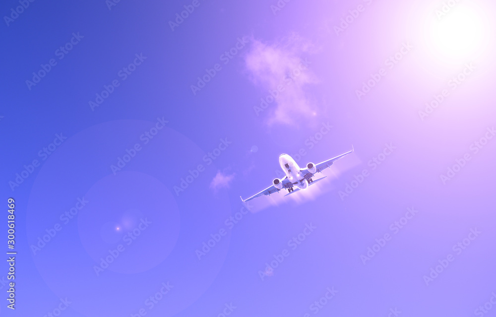 Airliner against the blue sky. The sun shines. Airliner against the blue sky. The sun shines.