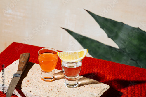 Tequila shot with Sangrita, a customary partner with  orange, lime, tomato or pomegranate. Mexican flag colors photo