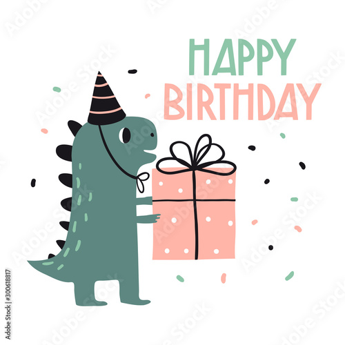 Photography Happy birthday. Lovely vector illustration with funny dinosaur