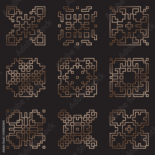 Sacred geometry signs. Art Deco symbols. Set of golden icons. Mystical geometric elements. Art Deco diamond emblems. Wire outline gradient logos. Golden foil logotypes.