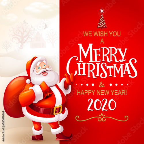 Santa Claus with big signboard. Merry Christmas and Happy New Year! Holiday greeting card. Isolated vector illustration.