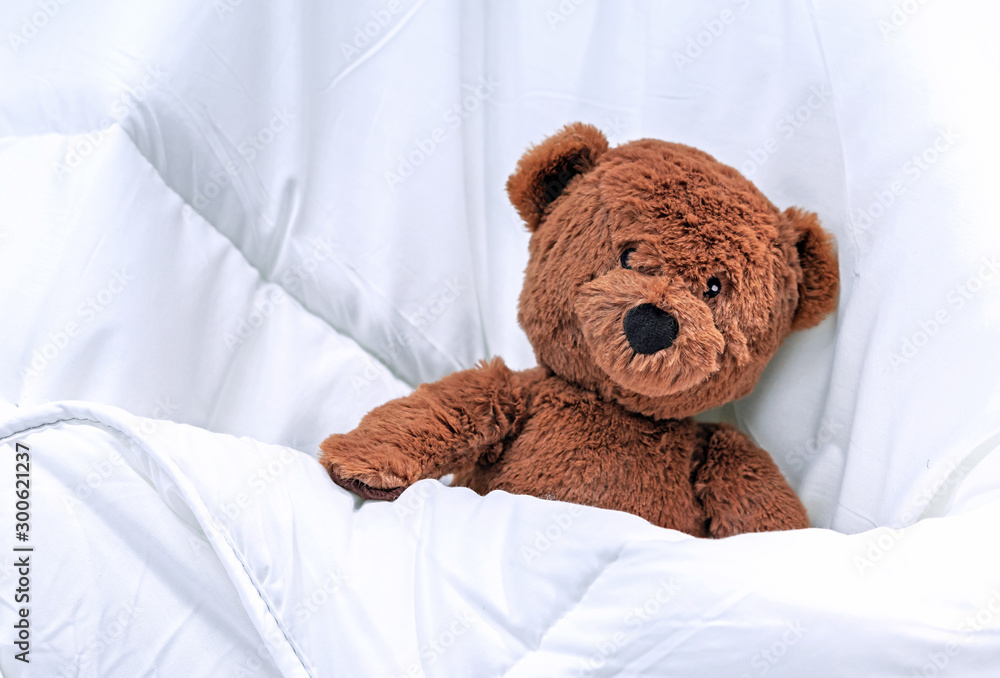 Teddy Bear in the crib under a white blanket.
