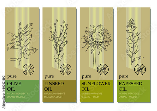Vector set of labels with organic oil plants sketches: olive, linseed, sunflower and rapeseed. Healthy food, bio, organic, natural product. Design template