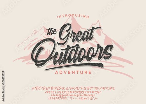 Great Outdoors. Original font and logo. Print on shirt or sticker. Retro and vintage style. Classic print. Hipster style. Vector font.