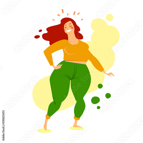 Attractive smiling woman of classic proportions. Happy bodypositive plump girl with rounded hips. Cute Chubby lady. Cartoon vector illustration.