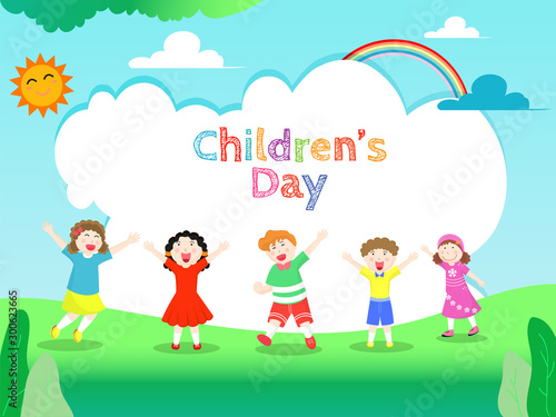 Group of little boy and girl enjoying on nature view with sunny rainbow background for Children's Day celebration greeting card design.