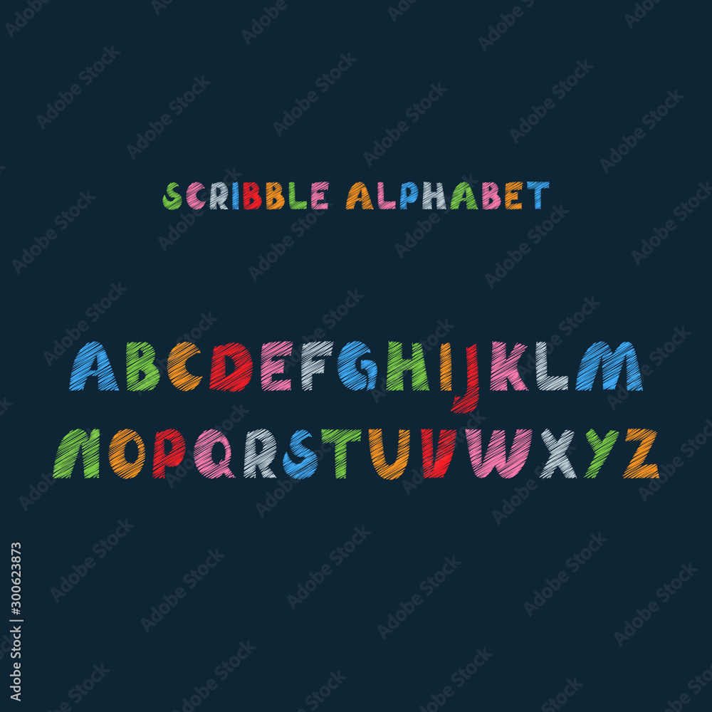 Hand drawn cartoon style vector alphabet with colorful scribble letters