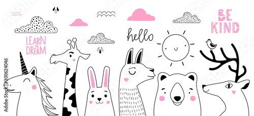 Vector doodle style hand drawn sketch collection with animals, clouds, sun and lettering words. Deer, llama, bear, rabbit, giraffe and magic unicorn.