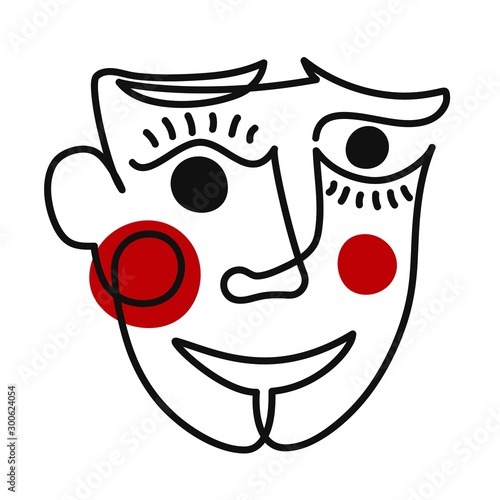 Continuous line art, vecor doodle drawing of smiling man or woman face.