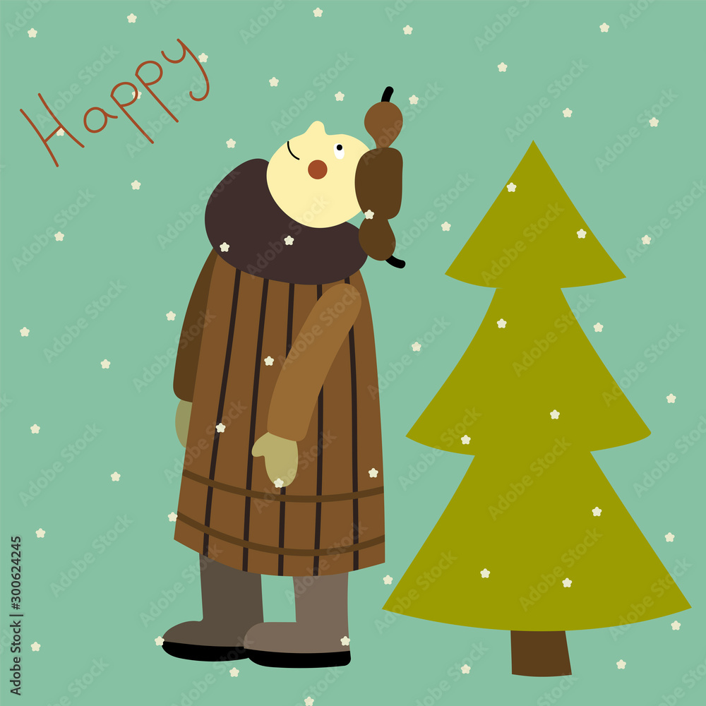 Winter card with a man, looking up at falling snow. Christmas and New Year mood. Cute hand drawn vector print for poster, postcard ,t-short and ect. Winter card with a man, looking up at falling snow. Christmas and New Year mood. Cute hand drawn vector print for poster, postcard ,t-short and ect.