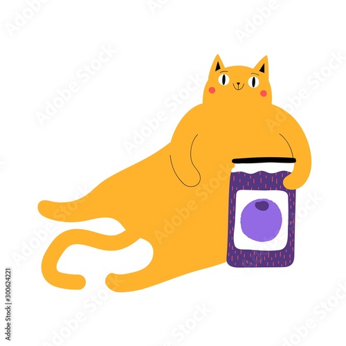 Vector illustration with fat yellow cat, glass jar and blueberry jam. Cute print design with domestic pet and sweet food