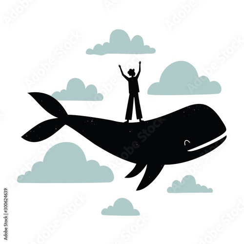 Vector illustration with cartoon man silhouette, blue clouds and flying black whale