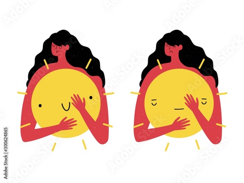 Vector illustration with woman hugging yellow sun with rays.