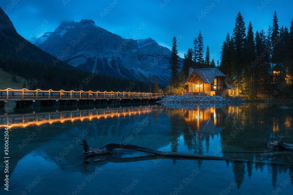 Emerald Lake in Beautiful British Columbia Canada Cozy Cabin in Canada during fall Emerald lake waterton lakes national park. Night scene