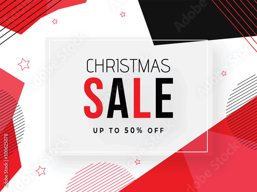 Up To 50% off for Christmas Sale banner or poster design with abstract elements.