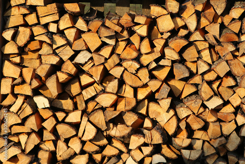 Wall of stacked firewood. Abstract natural background