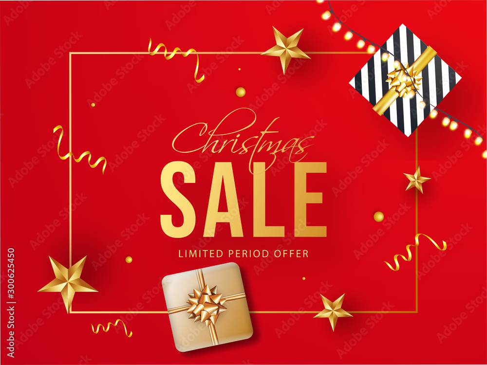 Christmas Sale banner or poster design with top view gift boxes, golden stars and lighting garland decorated on red background.